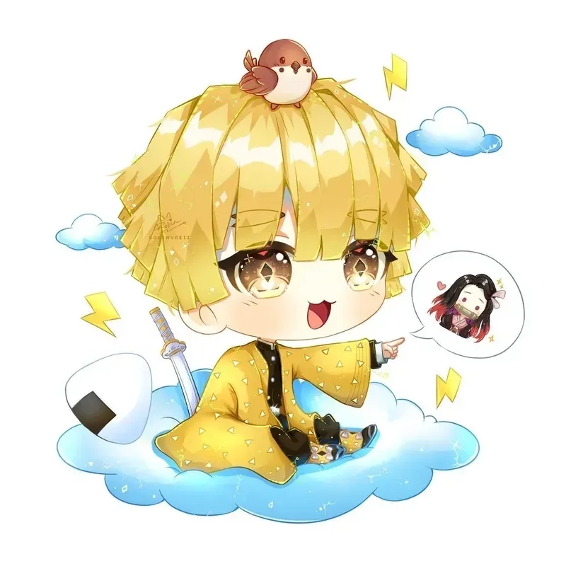 Hình nền Thanh Gươm Diệt Quỷ Zenitsu phong cách chibi đầy màu sắc