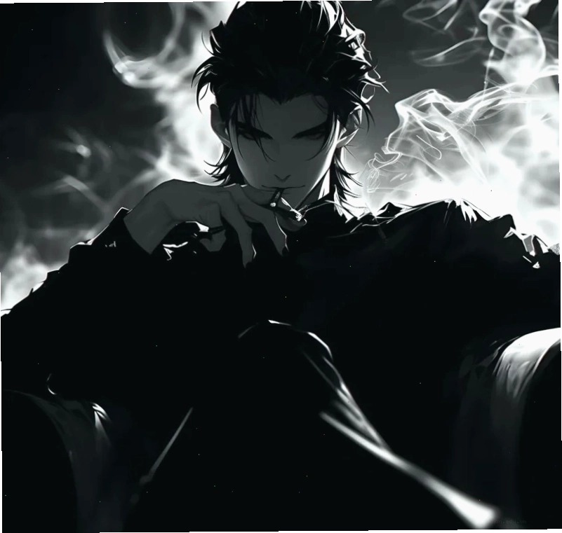 Ảnh anime nam với vẻ ngoài lạnh lùng, đôi mắt hút hồn trong gam màu trắng đen