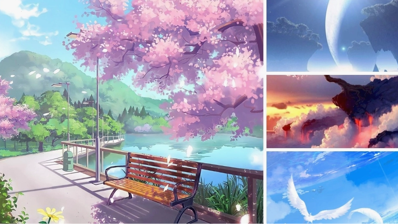 Ảnh phong cảnh anime với núi và cây cối xanh tươi