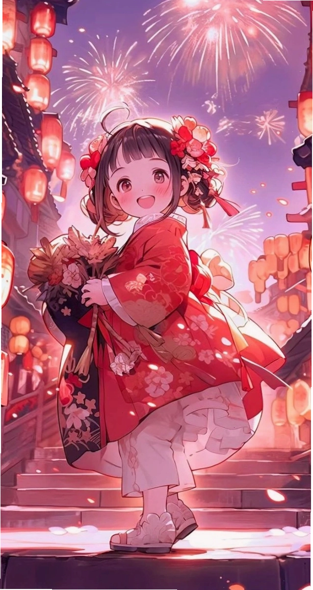 Anime bé gái và đèn lồng mang không khí Tết