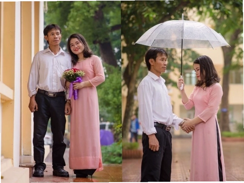 Bố mẹ mặc áo sơ mi quần âu chụp ảnh kỷ yếu