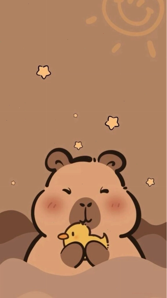 Capybara ôm chú vịt vàng với vẻ mặt đơ
