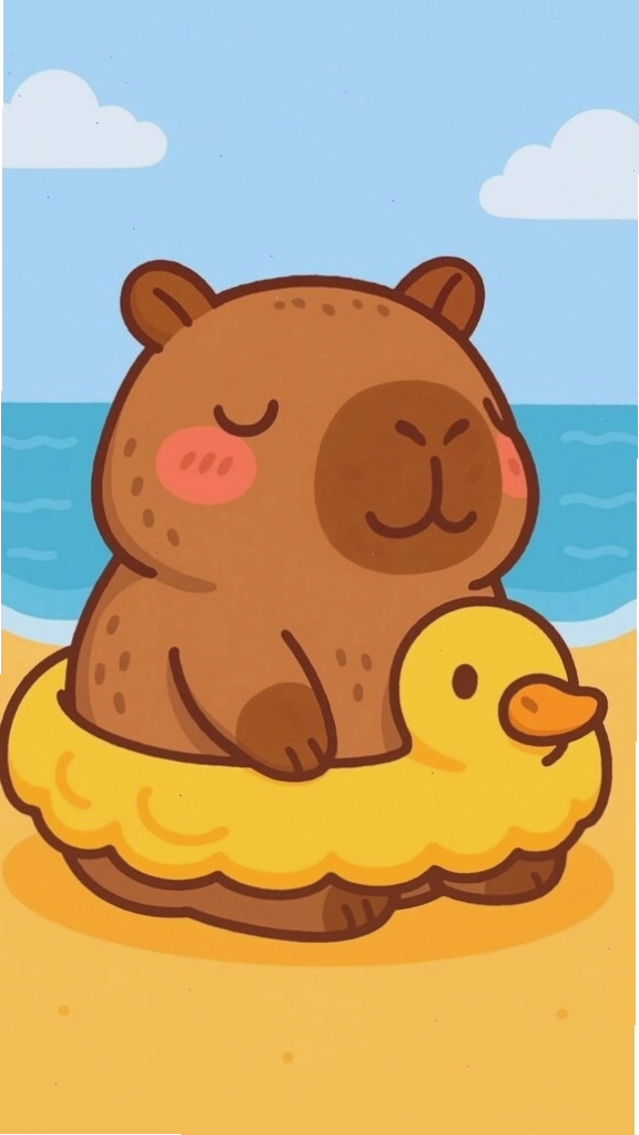 Capybara thư giãn tắm biển trên phao vịt, vẻ mặt thư thái