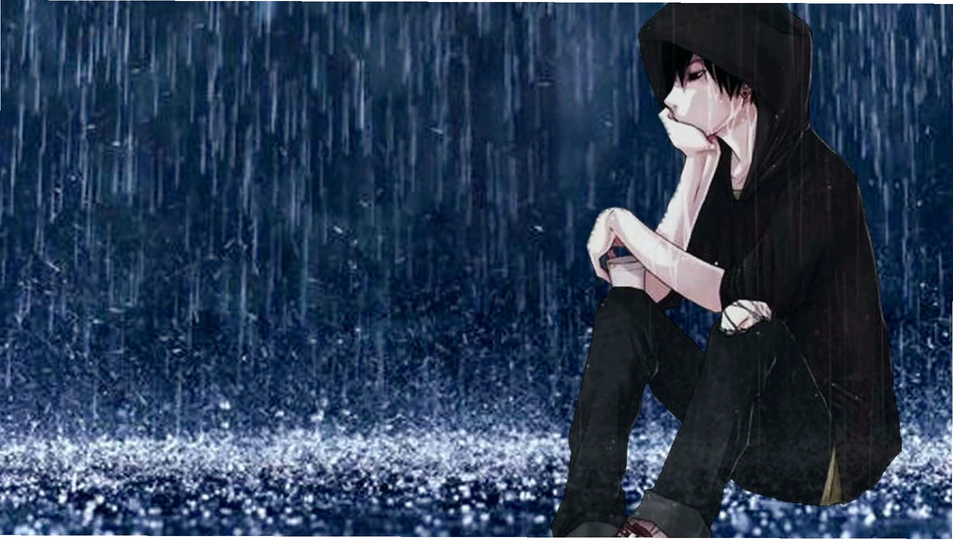 Chàng trai anime ngồi một mình dưới cơn mưa