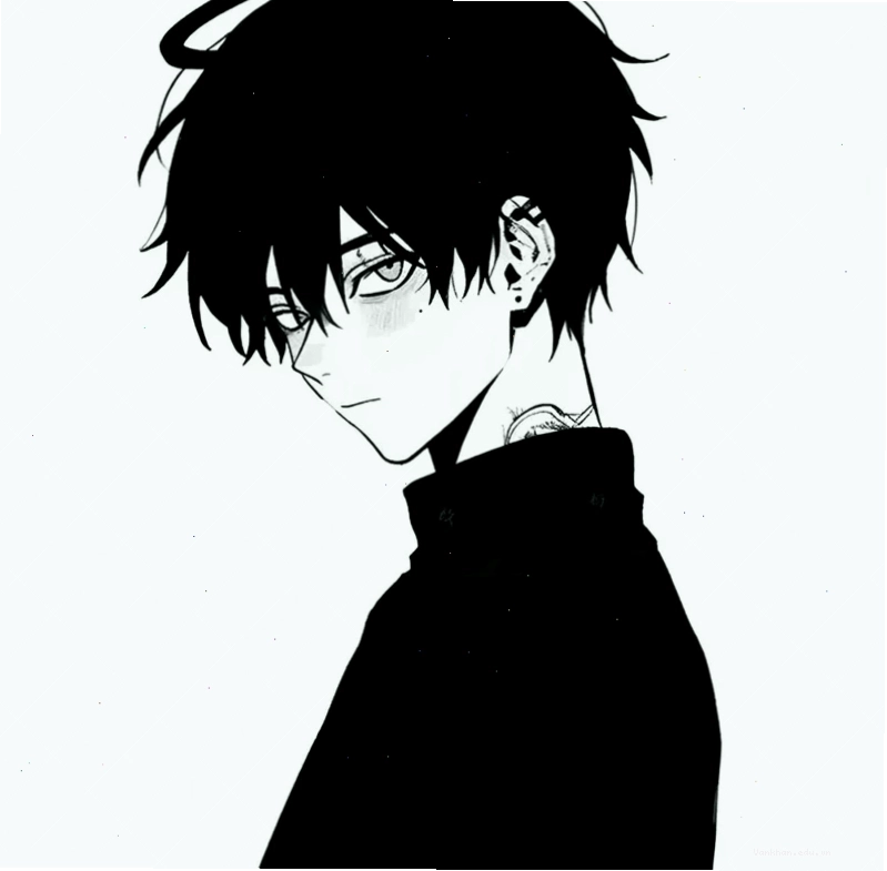 Chàng trai anime với ánh mắt sâu thẳm trong ảnh nền đen trắng