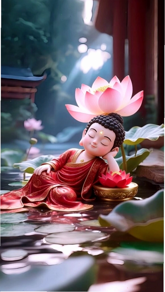 Chú tiểu an nhiên, được sen nâng đỡ, biểu trưng cho sự bảo vệ và che chở