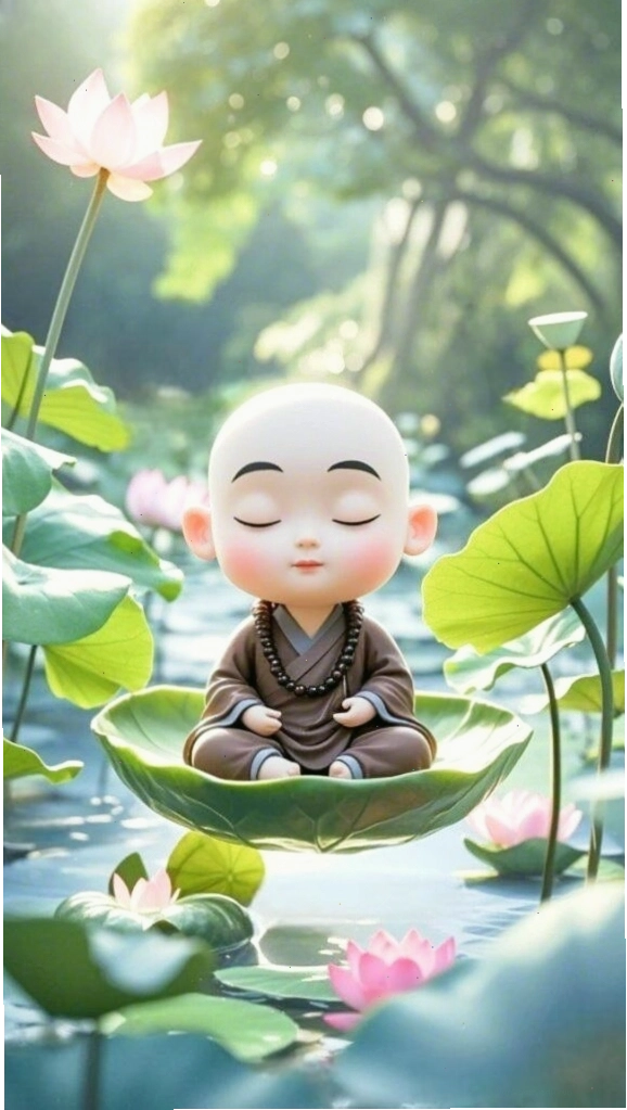 Chú tiểu ngồi thiền giữa đài sen, thể hiện sự tĩnh lặng và tập trung