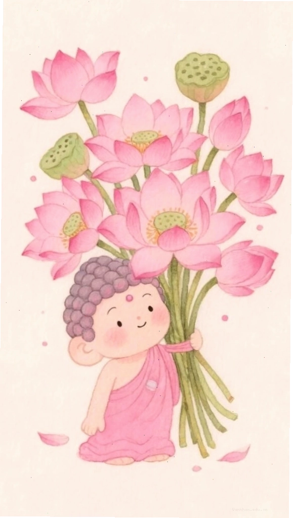 Chú tiểu ôm phúc, sen tươi thắm, biểu trưng cho sự đủ đầy và hạnh phúc