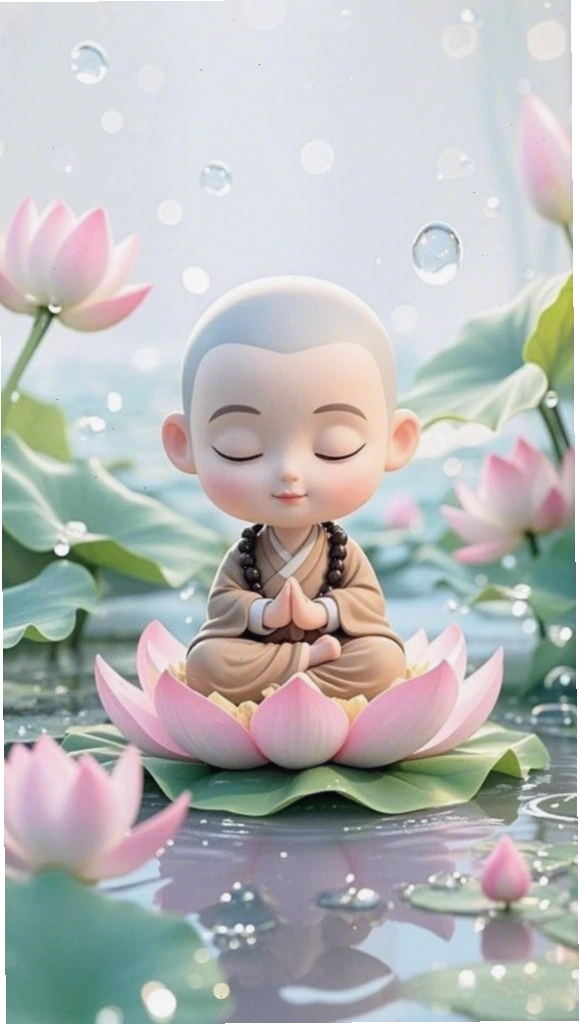 Chú tiểu ôm sen, lòng an lạc, biểu trưng cho sự bình yên nội tâm
