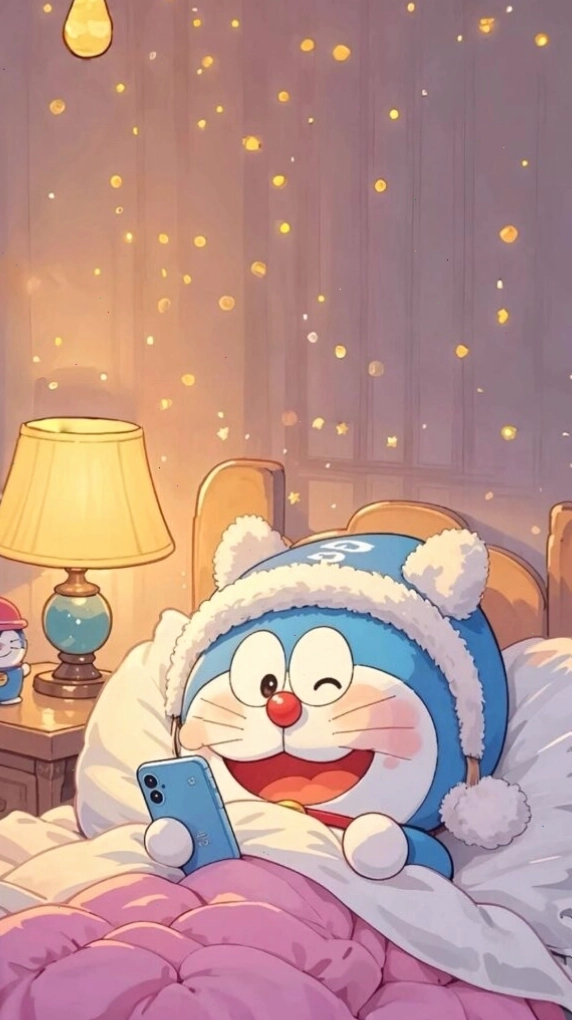 Doraemon cuộn tròn trên giường mơ màng