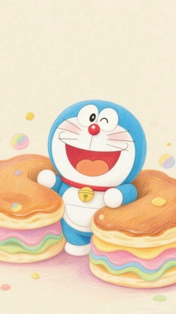 Doraemon thích thú bên đĩa bánh ngọt ngào