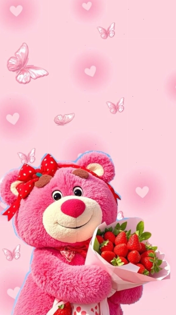 Gấu dâu ôm hoa tươi cực yêu trong ảnh nền avatar gấu cute
