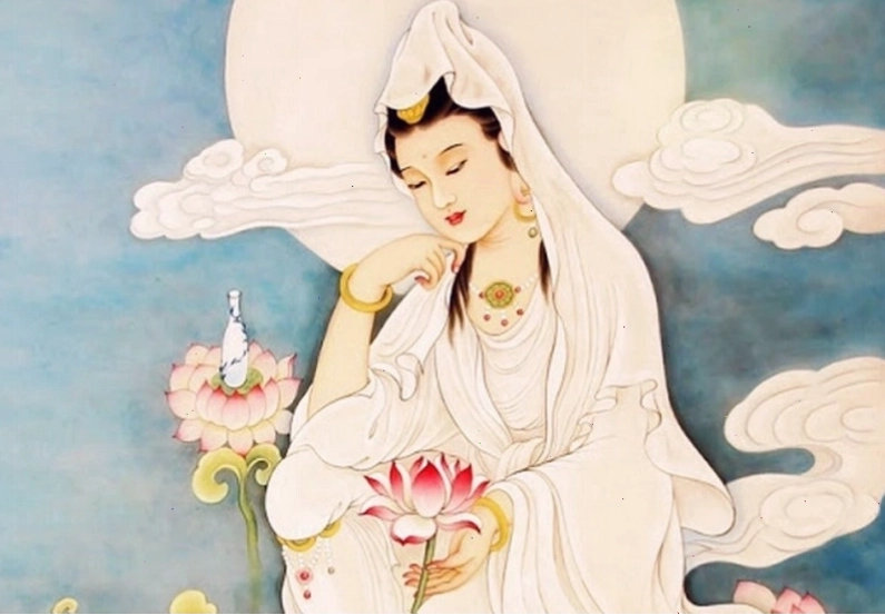 Hình ảnh Bồ Tát Quan Thế Âm với biểu tượng Chú Đại Bi