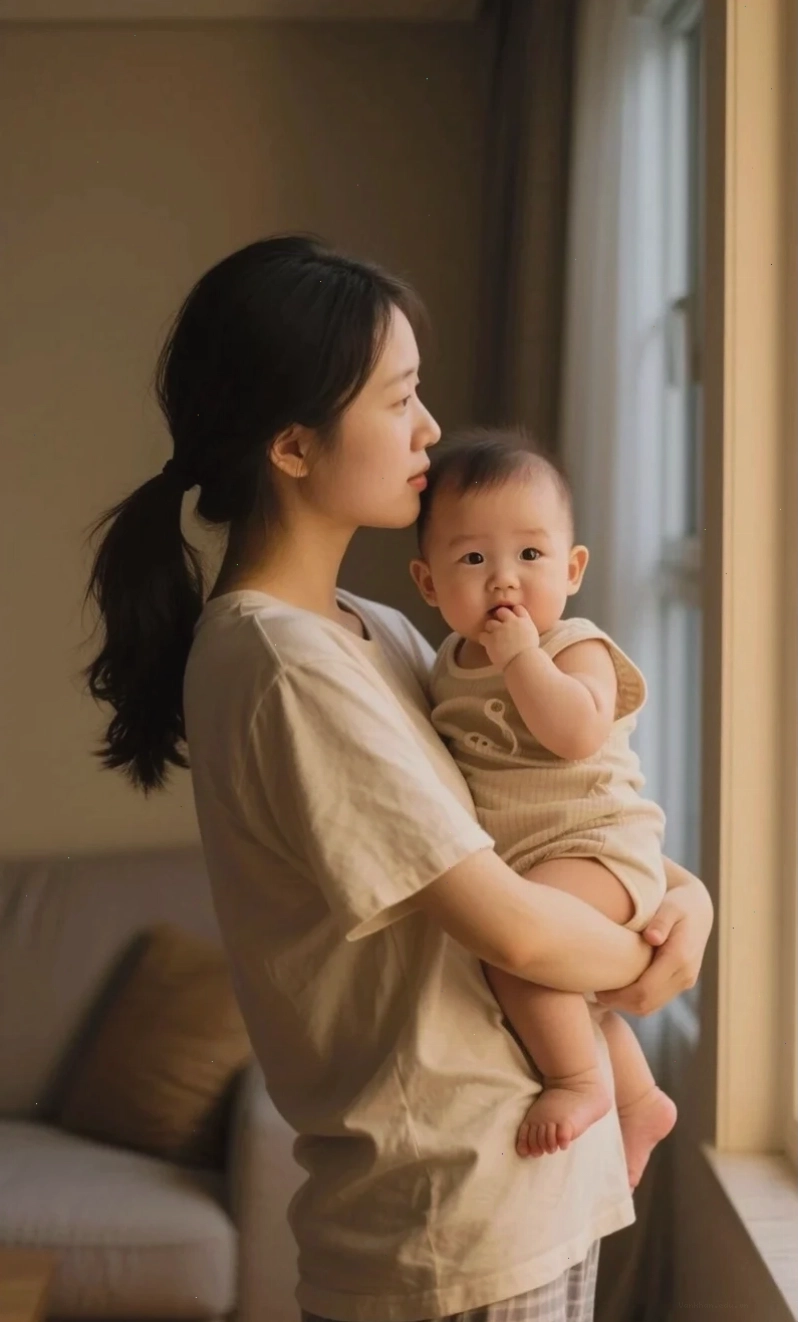 Hình ảnh người mẹ đơn thân buồn nhìn xa xăm