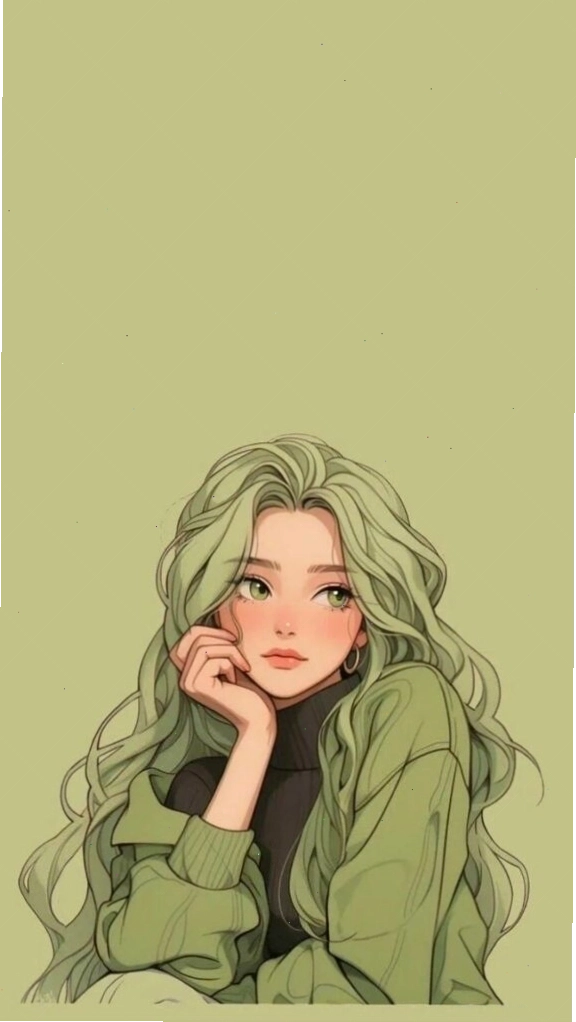 Hình nền cute cô gái tóc xanh rêu ngồi chống cằm suy tư