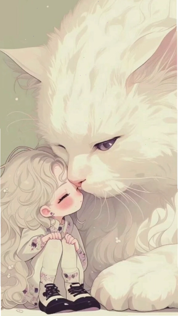 Hình nền mèo trắng bên cô bé đáng yêu