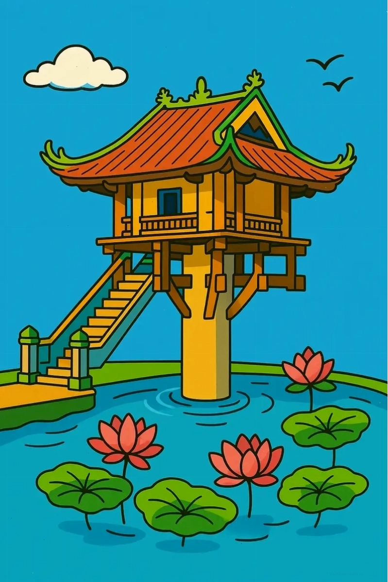 Hình phác thảo Chùa Một Cột đẹp mắt, thể hiện chi tiết kiến trúc