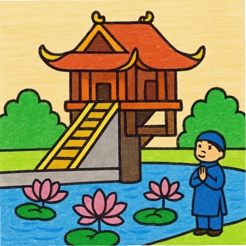 Hình vẽ Chùa Một Cột nét cơ bản, phù hợp cho luyện tập