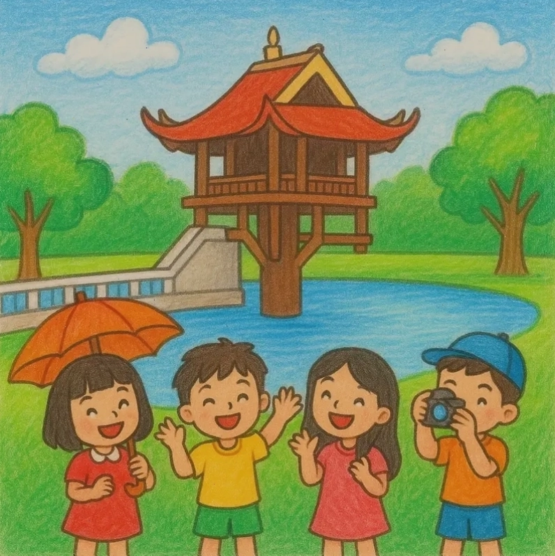 Hình vẽ Chùa Một Cột phù hợp với lứa tuổi học sinh