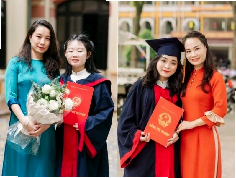 Mẹ và con trai tạo dáng chụp ảnh kỷ yếu