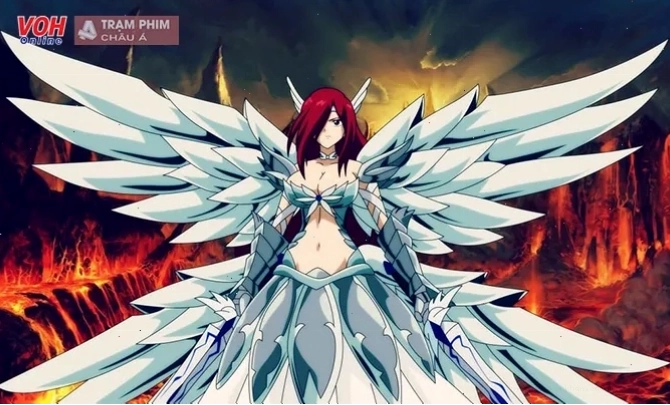 Nhân vật anime Erza Scarlet trong trang phục chiến đấu mạnh mẽ