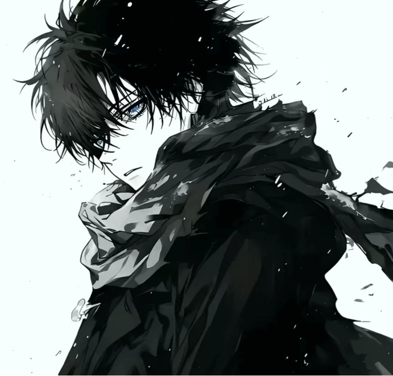 Nhân vật anime nam với vẻ mặt lạnh lùng, ánh mắt sắc bén trong ảnh đen trắng
