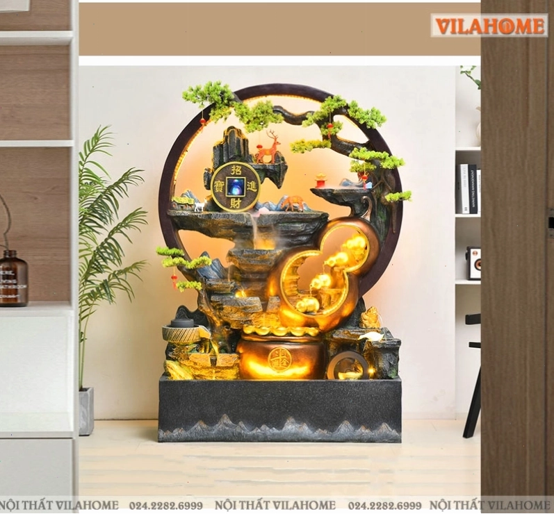Thác nước phong thủy để trong nhà với vật liệu tự nhiên