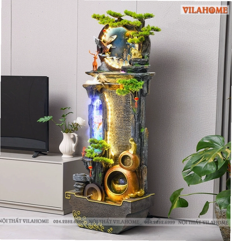Thác nước phong thủy với tiểu cảnh xanh mướt