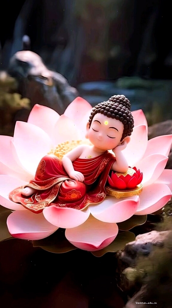 Tiểu hòa thượng an nhiên ngủ trên đài sen, mang vẻ đẹp trong sáng