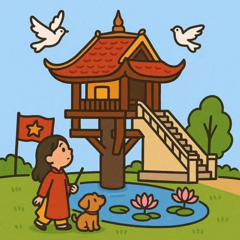 Tranh Chùa Một Cột đơn giản nhẹ nhàng, dễ thực hiện