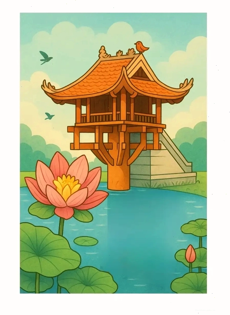 Tranh Chùa Một Cột với nét vẽ tối giản, hiện đại