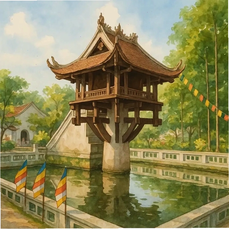 Tranh phong cảnh Chùa Một Cột đơn giản, dễ vẽ