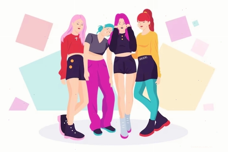 Vector các cô gái k-pop đứng cùng nhau phong cách chibi